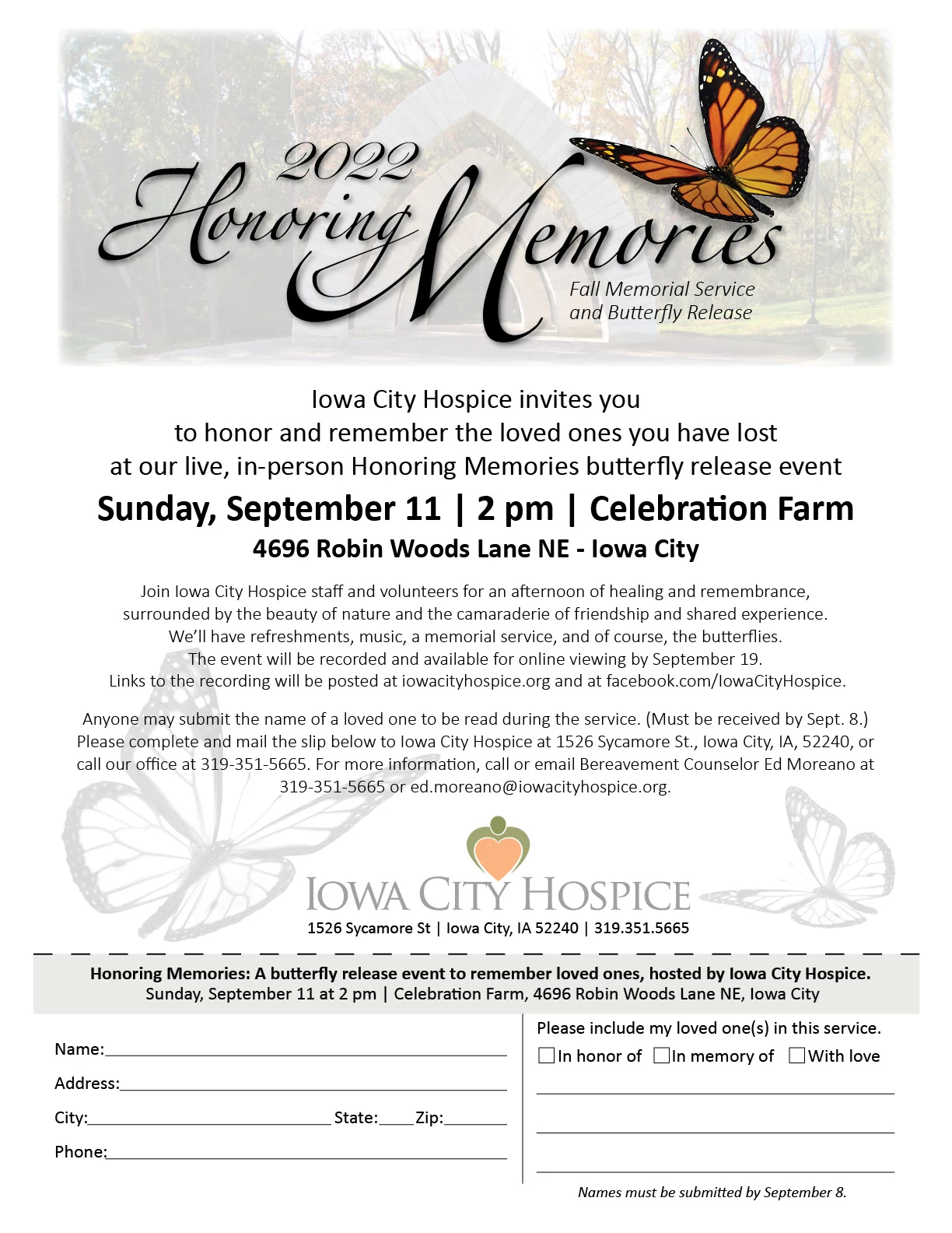 Honoring Memories, Fall Memorial Service and Butterfly Release